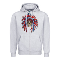 Heather Grey american flag indian headdress with skull Zipper Hoodie - RanaPortraitStore