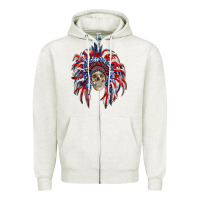 Oatmeal Heather american flag indian headdress with skull Zipper Hoodie - RanaPortraitStore