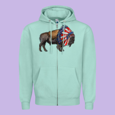 American Bison With Indian Headdress Zipper Hoodie Designed By Ranaportraitstore
