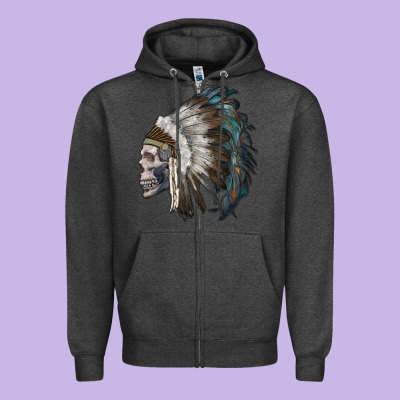 Skull With Indian Headdress Zipper Hoodie Designed By Ranaportraitstore