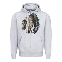Heather Grey skull with indian headdress Zipper Hoodie - RanaPortraitStore