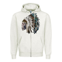 Oatmeal Heather skull with indian headdress Zipper Hoodie - RanaPortraitStore