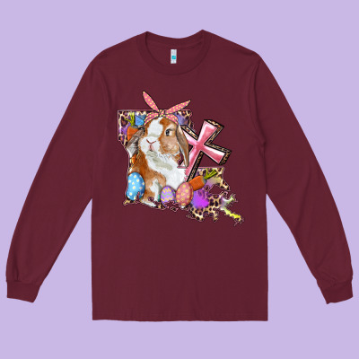 Long Sleeve Tee Louisiana Map Easter Bunny And Cross