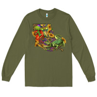 Army Green Louisiana Map With Mardi Gras Crocodile Long Sleeve Tee - RanaPortraitStore