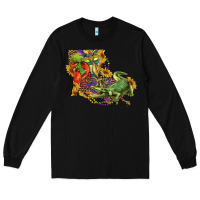 Black Louisiana Map With Mardi Gras Crocodile Long Sleeve Tee - RanaPortraitStore