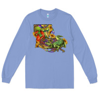 Colony Blue Louisiana Map With Mardi Gras Crocodile Long Sleeve Tee - RanaPortraitStore