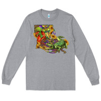 Heather Grey Louisiana Map With Mardi Gras Crocodile Long Sleeve Tee - RanaPortraitStore
