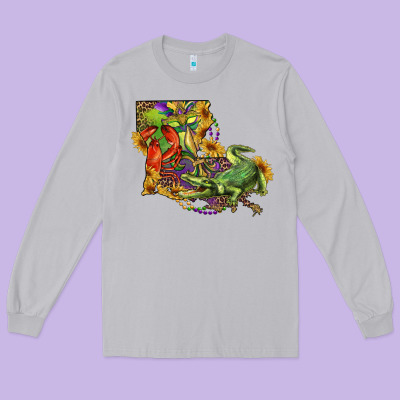 Long Sleeve Tee Louisiana Map With Mardi Gras Crocodile