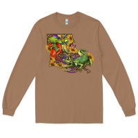 Toasted Coconut Louisiana Map With Mardi Gras Crocodile Long Sleeve Tee - RanaPortraitStore