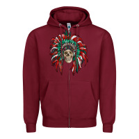 Burgundy mexican flag indian headdress with  skull Zipper Hoodie - RanaPortraitStore