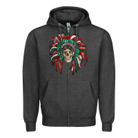 Charcoal Heather mexican flag indian headdress with  skull Zipper Hoodie - RanaPortraitStore