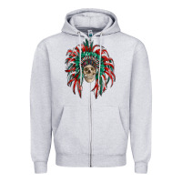 Heather Grey mexican flag indian headdress with  skull Zipper Hoodie - RanaPortraitStore