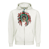 Oatmeal Heather mexican flag indian headdress with  skull Zipper Hoodie - RanaPortraitStore