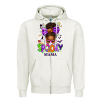 Oatmeal Heather Halloween Afro Messy Bun Spooky Mama Zipper Hoodie - texasbilliewilder