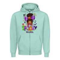 Seafoam Halloween Afro Messy Bun Spooky Mama Zipper Hoodie - texasbilliewilder