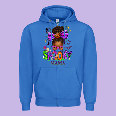 Halloween Afro Messy Bun Spooky Mama Zipper Hoodie Designed By Texasbilliewilder