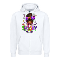 White Halloween Afro Messy Bun Spooky Mama Zipper Hoodie - texasbilliewilder