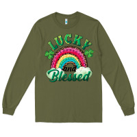 Army Green Lucky and blessed rainbow Long Sleeve Tee - RanaPortraitStore