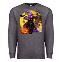 Charcoal Heather black witch cat coffin and moon Premium Sweatshirt - BundleAndBundleShop