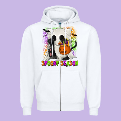 Spooky Season Ghost Cat Zipper Hoodie Designed By Texasbilliewilder