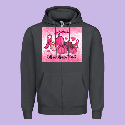 In October We Wear Pink Pumpkin Zipper Hoodie Designed By Ranaportraitstore