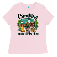 Bubblegum Pink camping is my happy place caravan and gnome Ladies Tee - BarkalooDesign