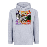 Heather Grey Happy Hallothanksmas Cats Heavyweight Hoodie - BundleAndBundleShop