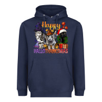 Navy Happy Hallothanksmas Cats Heavyweight Hoodie - BundleAndBundleShop