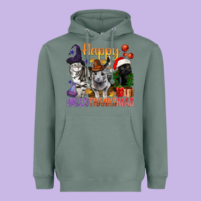 Happy Hallothanksmas Cats Heavyweight Hoodie Designed By Bundleandbundleshop