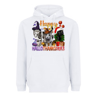 White Happy Hallothanksmas Cats Heavyweight Hoodie - BundleAndBundleShop