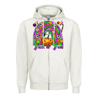 Oatmeal Heather Trick or Treat Halloween Rainbow Zipper Hoodie - texasbilliewilder