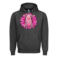 Charcoal Heather pink sunflower pig Zipper Hoodie - RanaPortraitStore