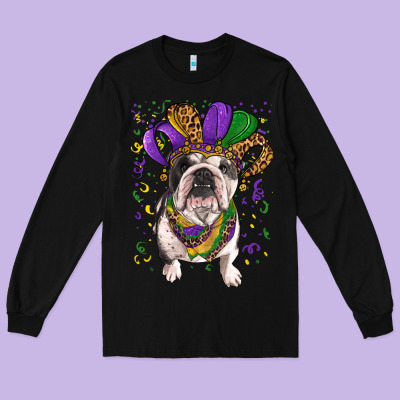 Long Sleeve Tee Mardi gras hat  english bulldog