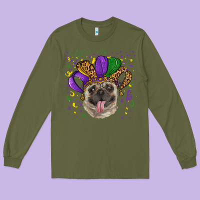 Long Sleeve Tee Mardi gras hat pug