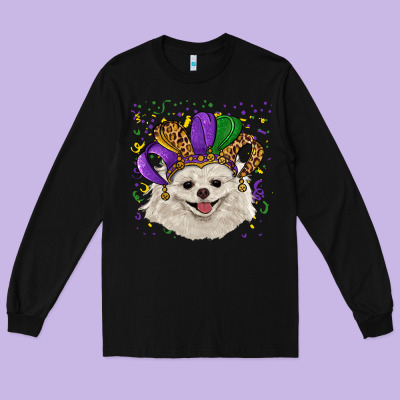 Long Sleeve Tee Mardi Gras White Pomeranian with Hat