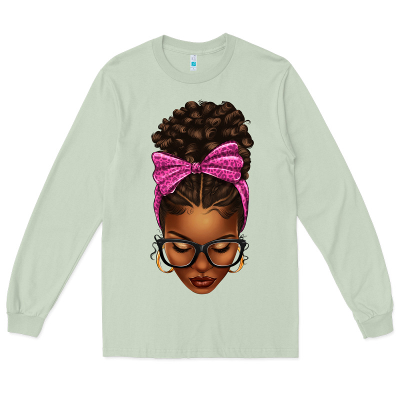 Afro Messy Bun Pink Leopard Bow Long Sleeve Tee by texasbilliewilder | Teevron