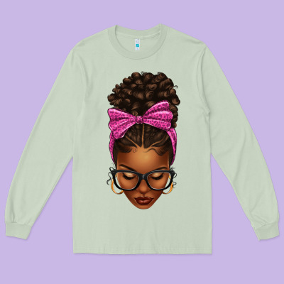 Long Sleeve Tee afro messy bun pink leopard bow