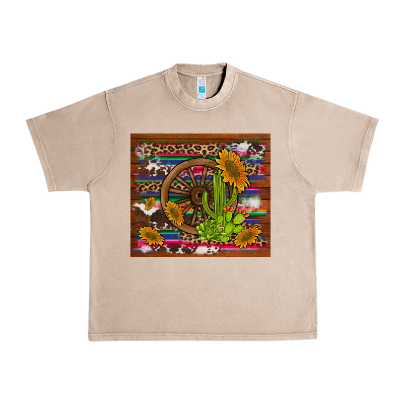 Cactus And Sunflowers With Old Wheel Serape Leopard Cowhide Background Urban Heavy Tee by Artiststas | Teevron