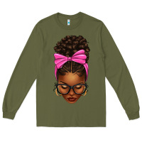 Army Green afro messy bun pink bow Long Sleeve Tee - texasbilliewilder