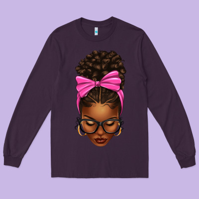 Long Sleeve Tee afro messy bun pink bow