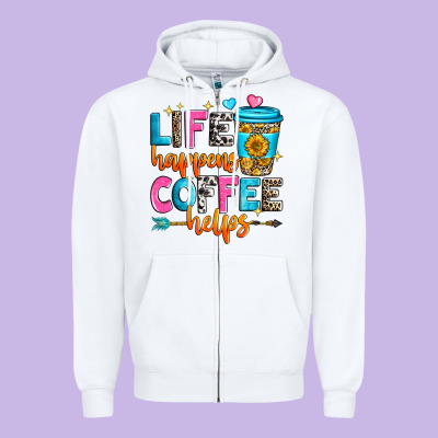 Life Happens Coffee Helps Zipper Hoodie Designed By Zillion Design Studio