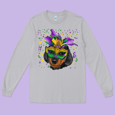 Long Sleeve Tee Mardi Gras Dachshund Puppy with Mask