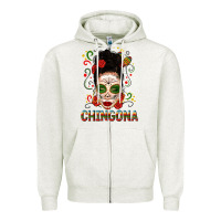 Oatmeal Heather Mexicana Skull Girl Messy Bun Zipper Hoodie - texasbilliewilder