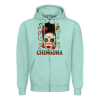 Seafoam Mexicana Skull Girl Messy Bun Zipper Hoodie - texasbilliewilder