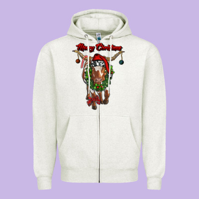 Merry Christmas Longhorn Cow Zipper Hoodie Designed By Ranaportraitstore