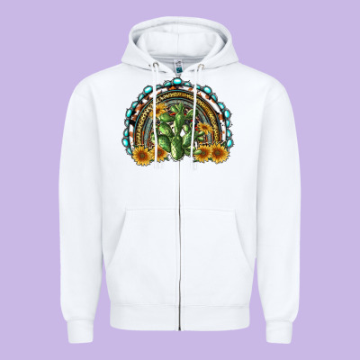 Western Rainbow With Cactus Zipper Hoodie Designed By Ranaportraitstore