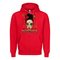 Red Mexicana Skull Girl Messy Bun Zipper Hoodie - texasbilliewilder