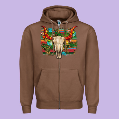 Western Christmas Bull Skull Zipper Hoodie Designed By Ranaportraitstore