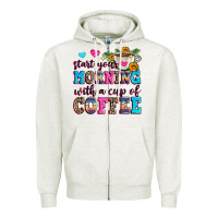 Oatmeal Heather start your morning with a cup of coffee Zipper Hoodie - Zillion Design Studio