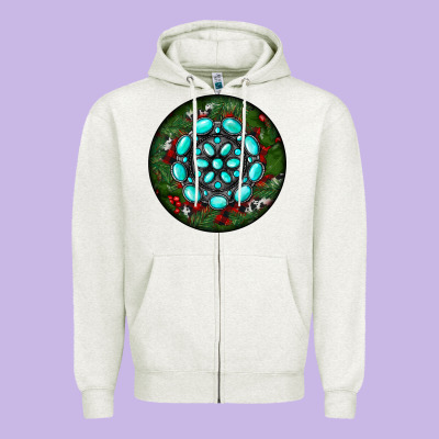 Christmas Round Turquoise Gemstone Zipper Hoodie Designed By Ranaportraitstore